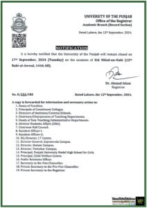 University of the Punjab Announces Public Holiday on 17th September 2024 for Eid Milad-un-Nabi (SAW)-Notification