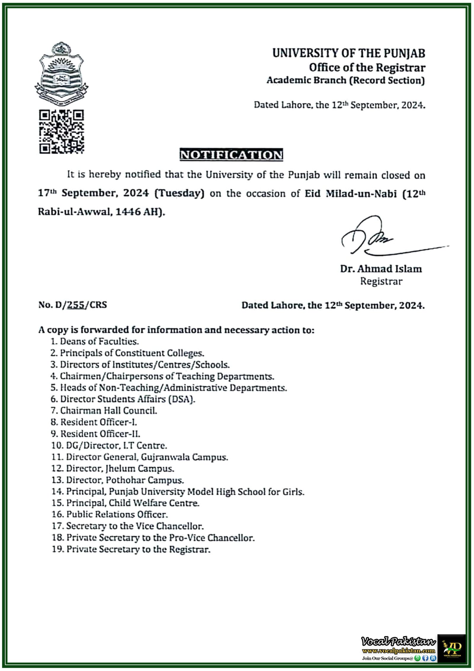 University of the Punjab Announces Public Holiday on 17th September 2024 for Eid Milad-un-Nabi (SAW)-Notification