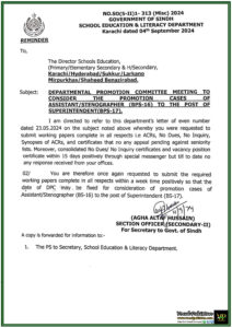 Urgent Reminder Submission of Documents for Promotion from AssistantStenographer (BPS-16) to Superintendent (BPS-17) in Sindh's Education Department-Notification