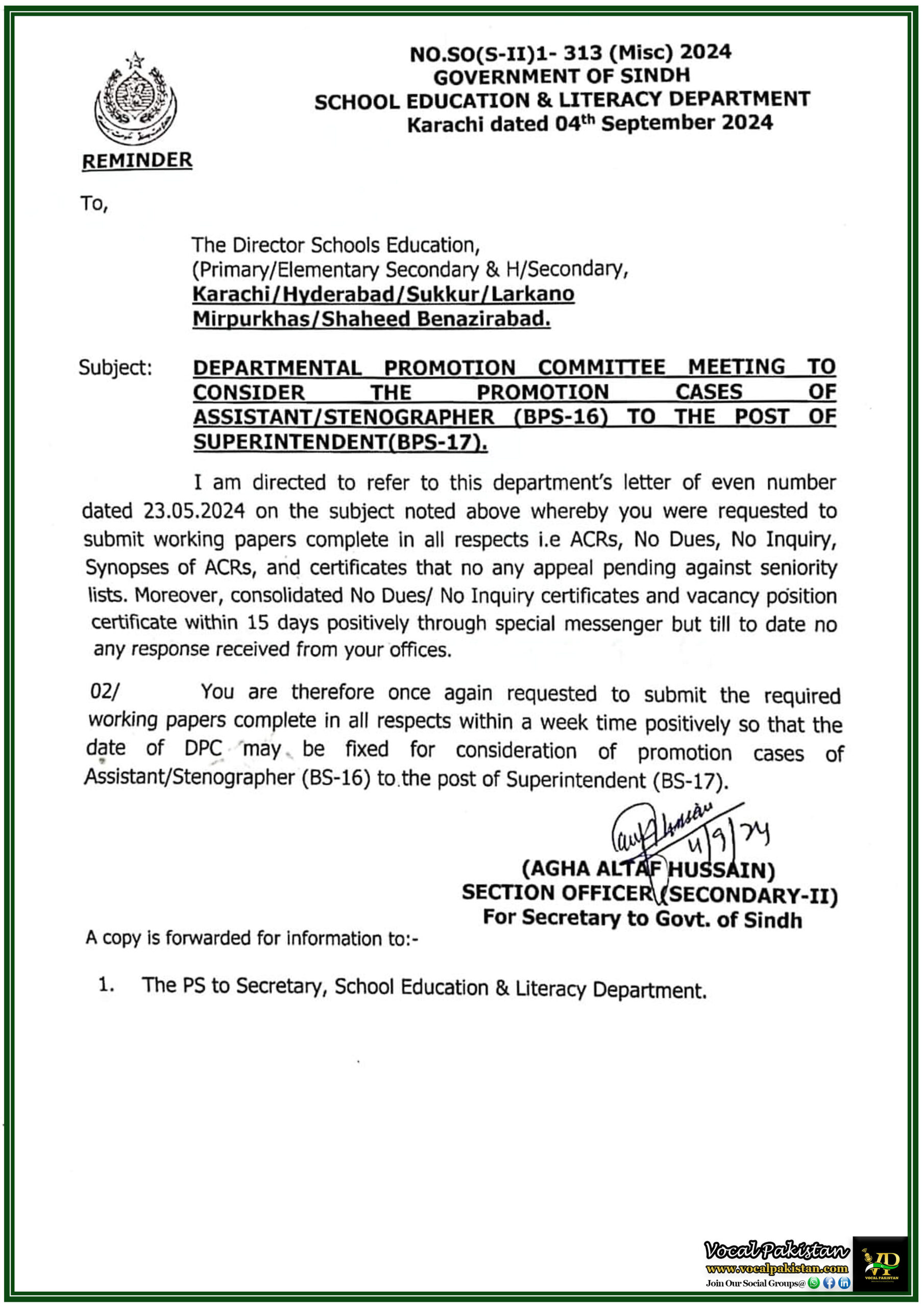 Sindh 4 Urgent Reminder Submission of Documents for Promotion from AssistantStenographer (BPS-16) to Superintendent (BPS-17) in Sindh's Education Department-Notification