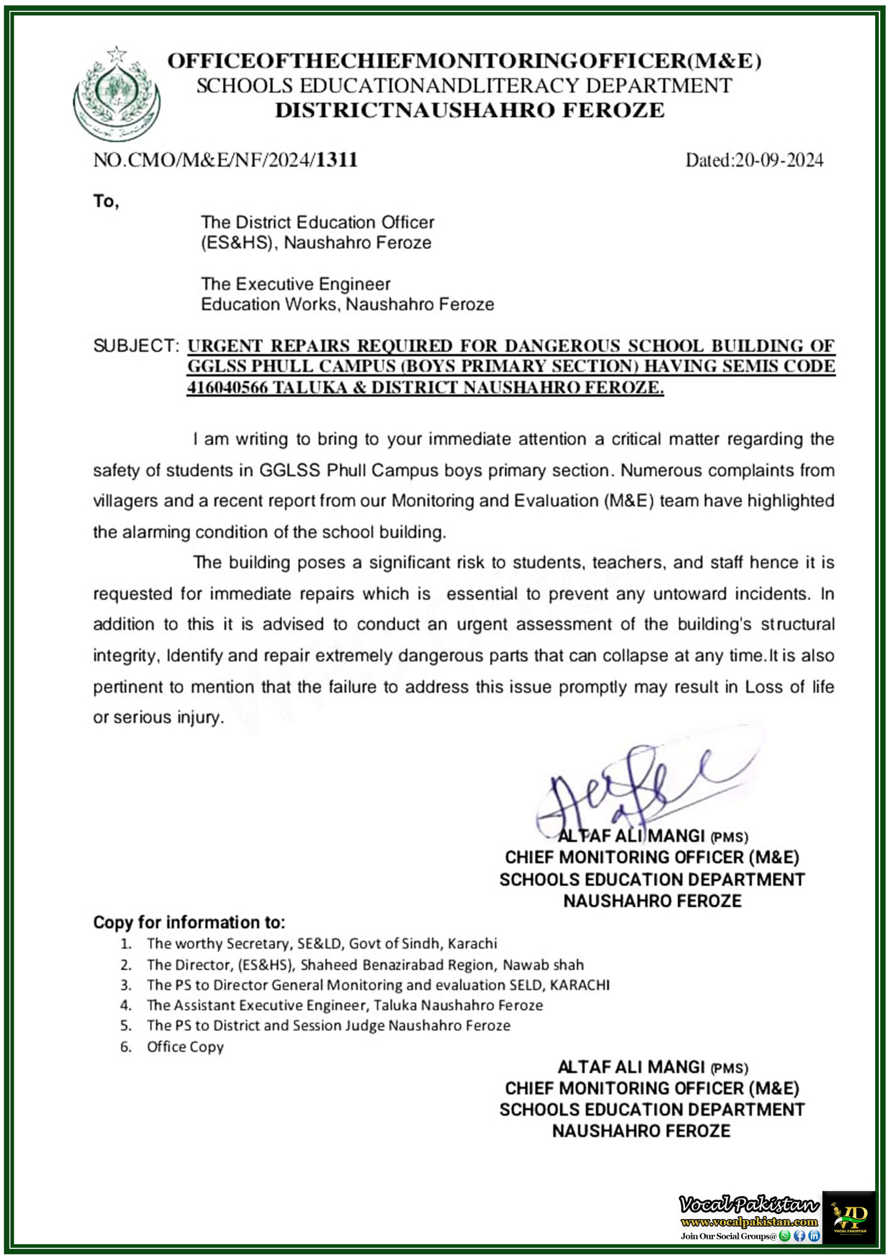 Urgent Safety Alert: Immediate Repairs Needed for Dangerous School Building in Naushahro Feroze-Notification