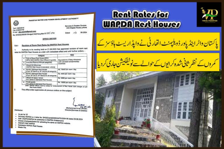 WAPDA Revises Rest House Room Rates for Officers and Guests-Notification