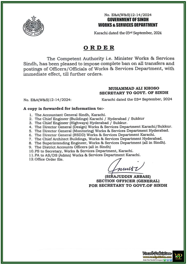 Works & Services Department Sindh Imposes Ban on Transfers and Postings-Notification