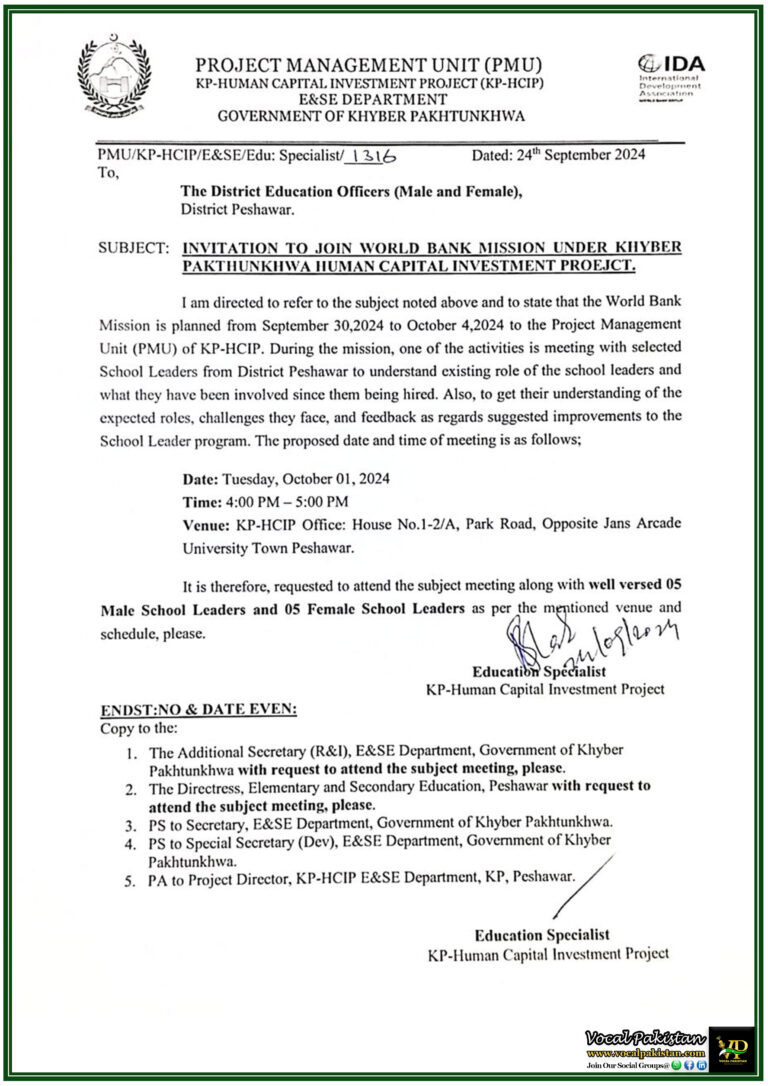 World Bank Mission to Engage School Leaders KP-HCIP Hosts Critical Meeting in Peshawar-Notification