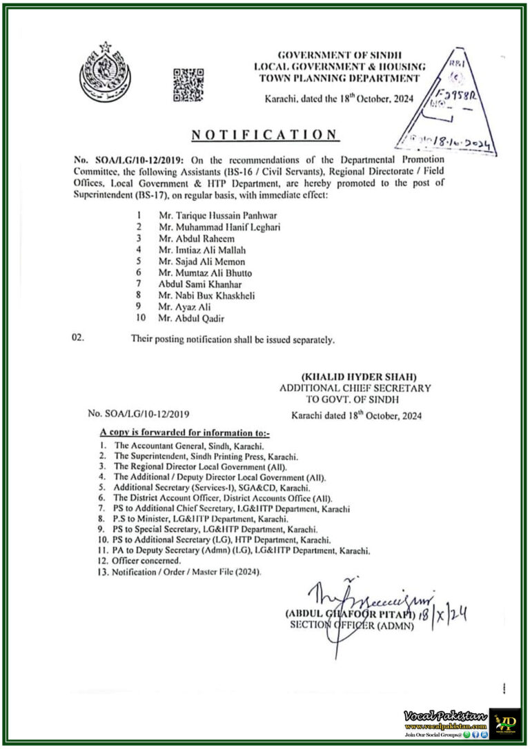 10 Officers Promoted to Superintendent (BS-17) in Sindh Local Government & HTP Department-Notification