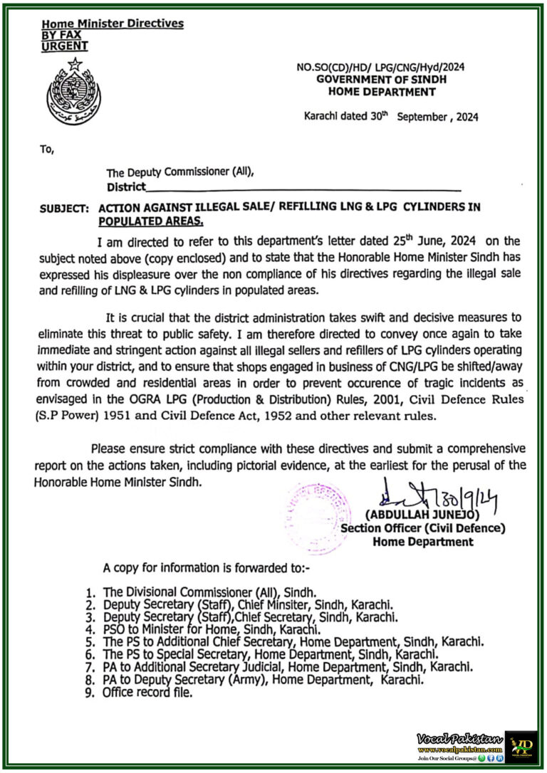 Action Against Illegal Sale and Refilling of LNG & LPG Cylinders in Populated Areas-Government of Sindh Notification