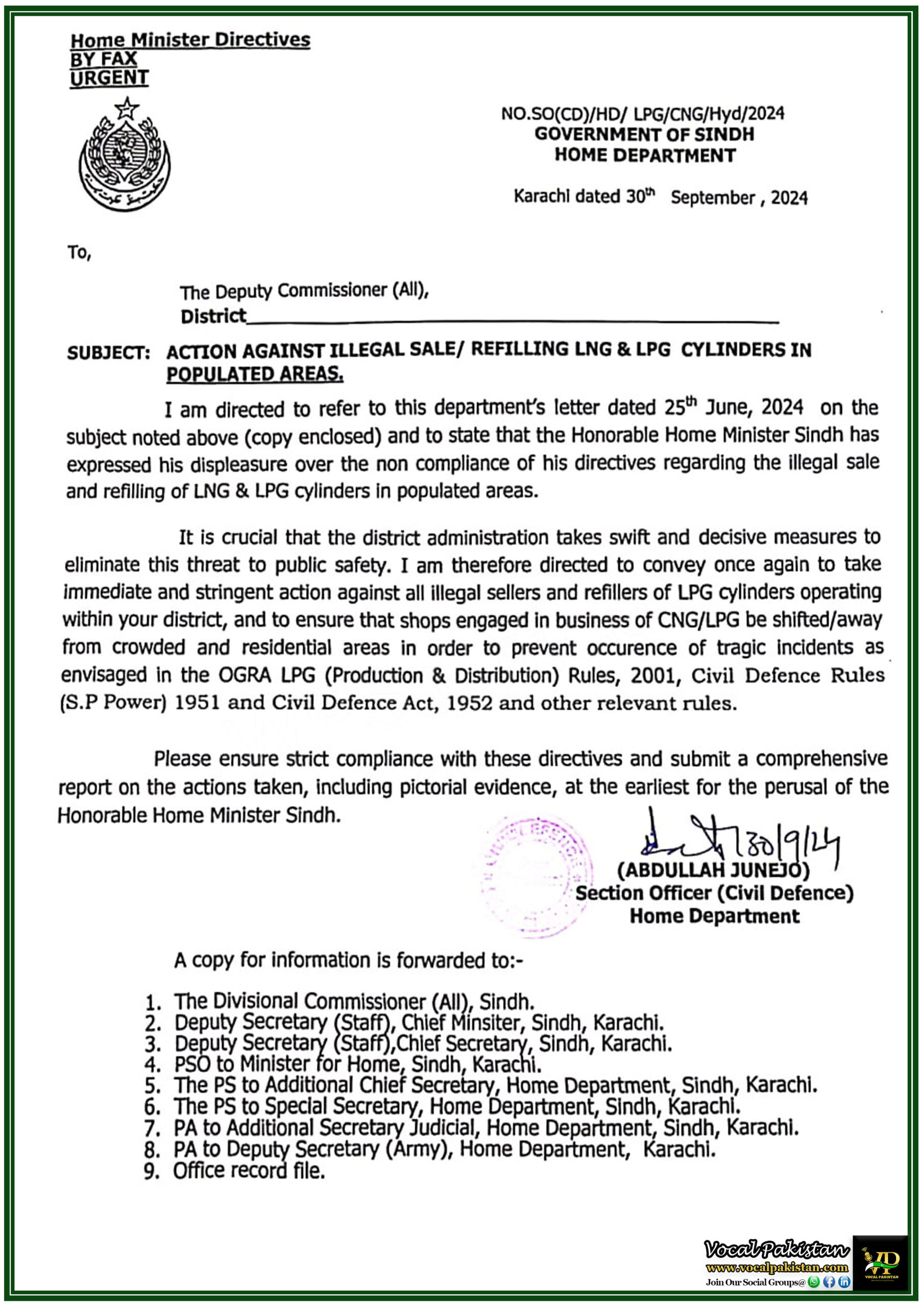 Sindh 4 Action Against Illegal Sale and Refilling of LNG & LPG Cylinders in Populated Areas-Government of Sindh Notification