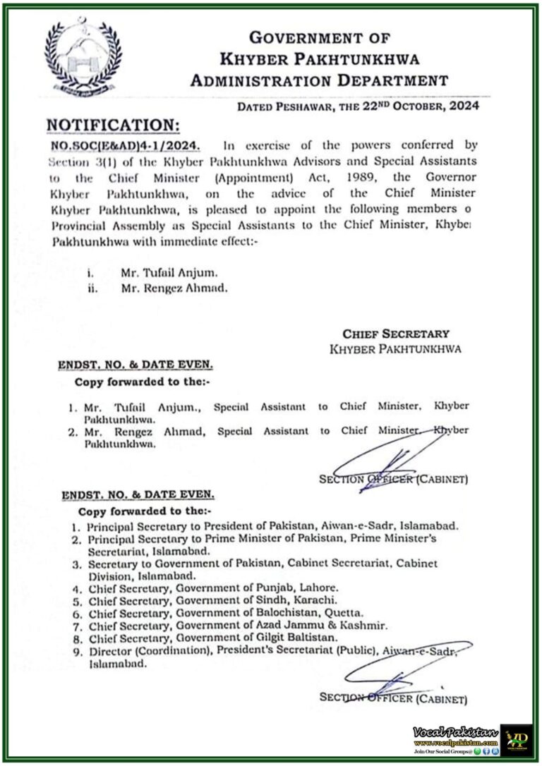 Appointment of Special Assistants to the Chief Minister, Khyber Pakhtunkhwa – Notification