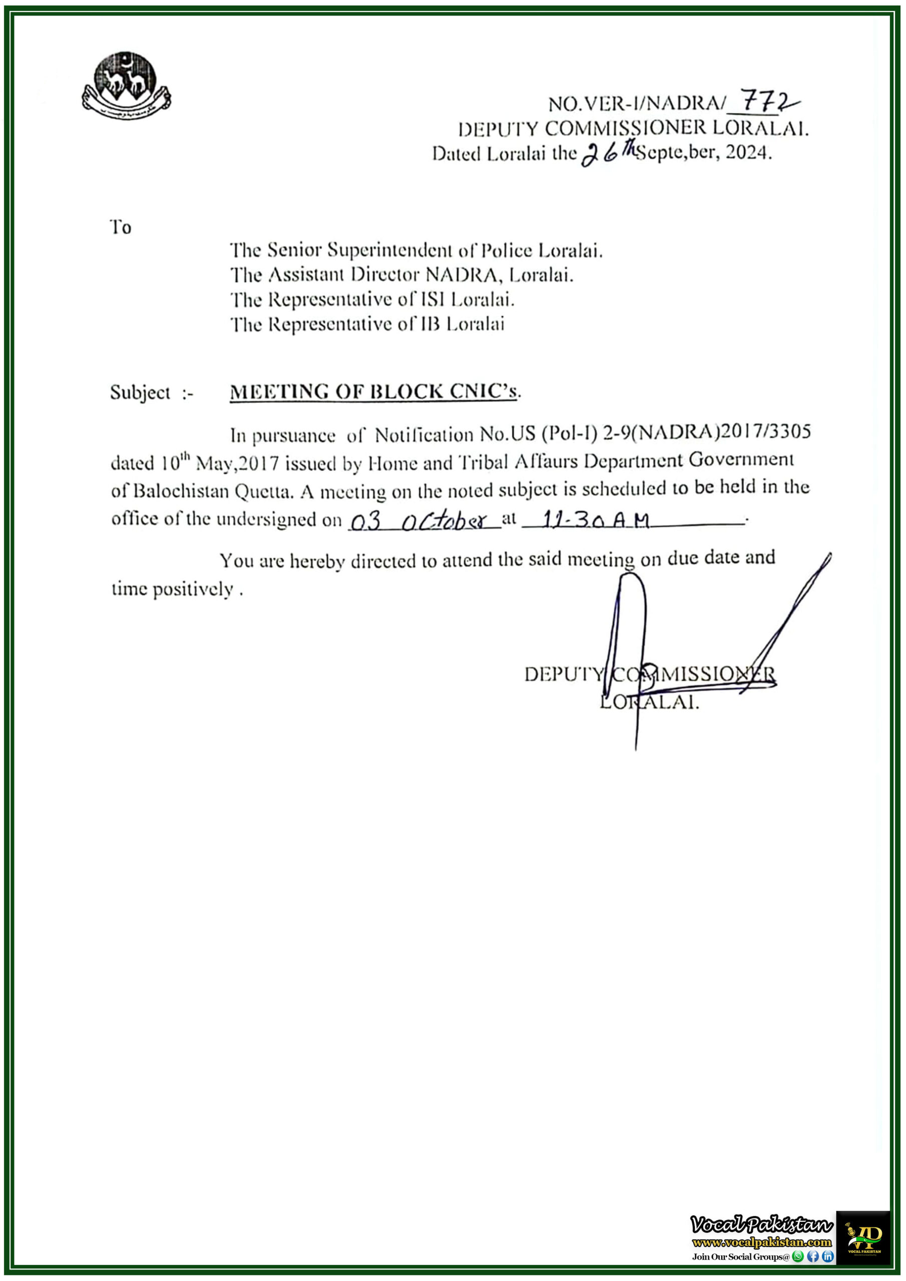 Balochistan 3 Balochistan Authorities to Discuss Blocked CNICs in Loralai Key Officials Invited for 3rd October, 2024 Meeting-Notification