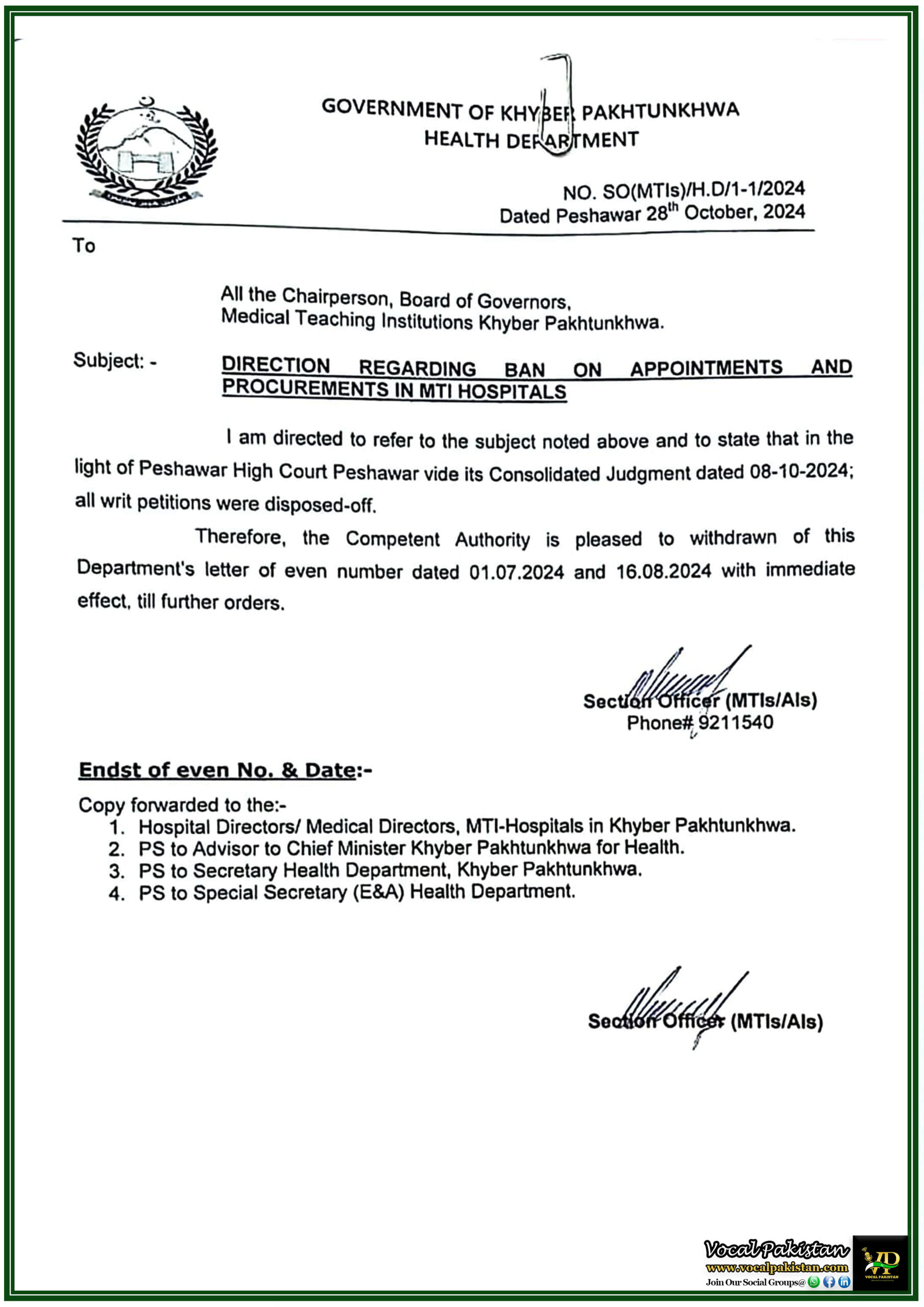 KPK 9 Ban on Appointments and Procurements Lifted in MTI Hospitals – Notification
