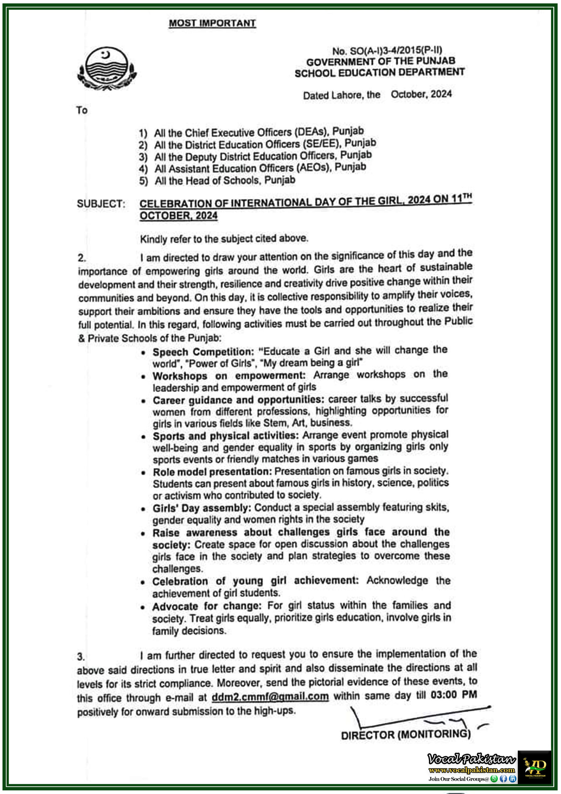 Punjab 7 Empowering Girls: School Education Department Punjab Announces Activities for International Day of the Girl - Notification