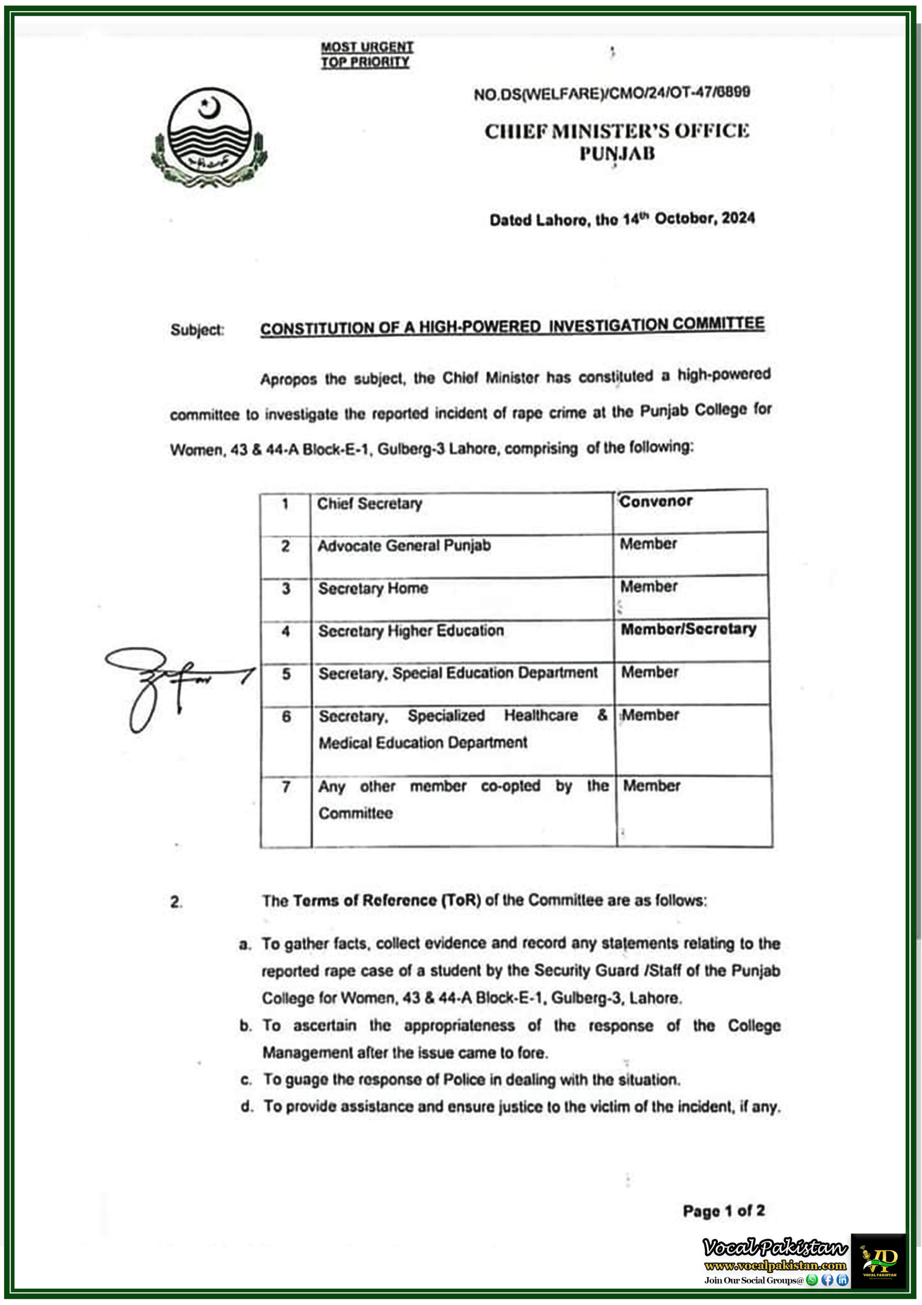 High-Powered Committee Constituted to Investigate Incident at Punjab College for Women-Notification