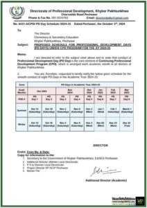 CPD Program 2024-25 Schedule for Professional Development Days Announced Across Khyber Pakhtunkhwa-Notification