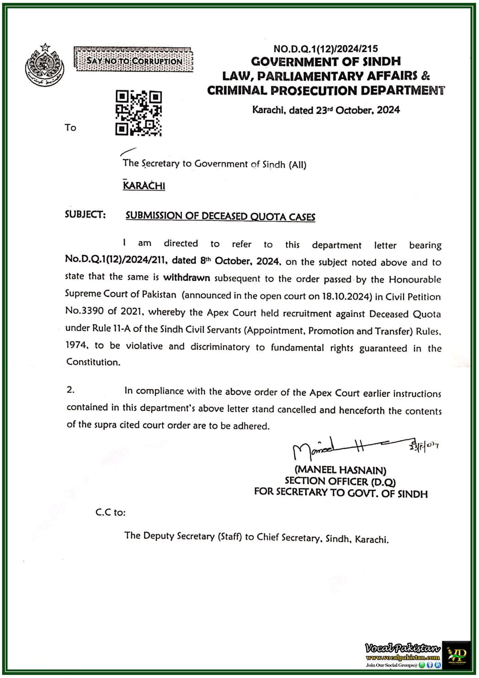 Cancellation of Deceased Quota Recruitment in Compliance with Apex Court Orders – Notification