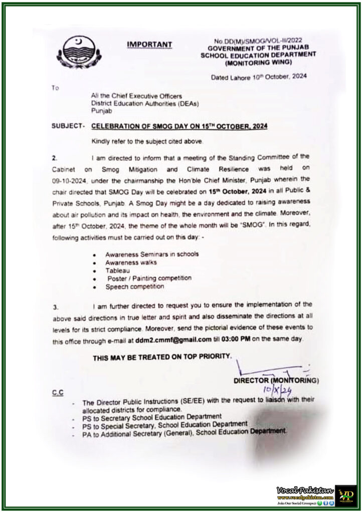 Celebration of Smog Day in Public & Private Schools on 15th October 2024 – Notification