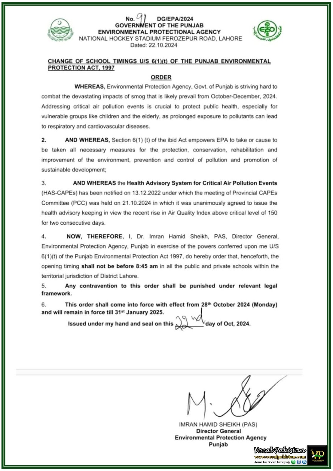 Change in School Timings Due to Smog Under Punjab Environmental Protection Act – Notification