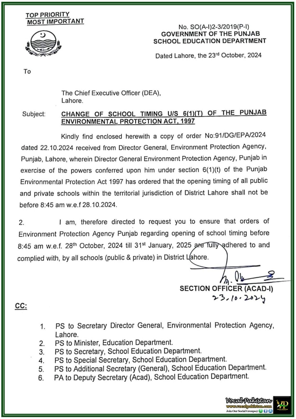 Change of School Timing in Lahore as per EPA Order Effective 28th October 2024 – Notification