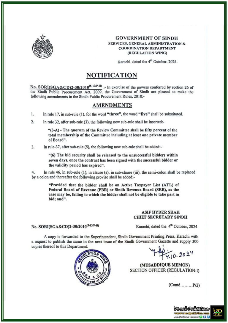 Changes in Sindh Procurement Rules Including Bid Security Release and Quorum Requirements - Notification