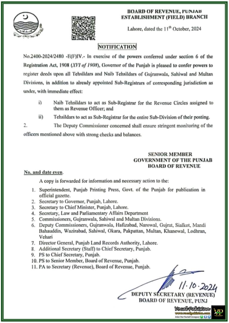 Delegation of Registration Powers to Tehsildars and Naib Tehsildars in Designated Divisions – Notification