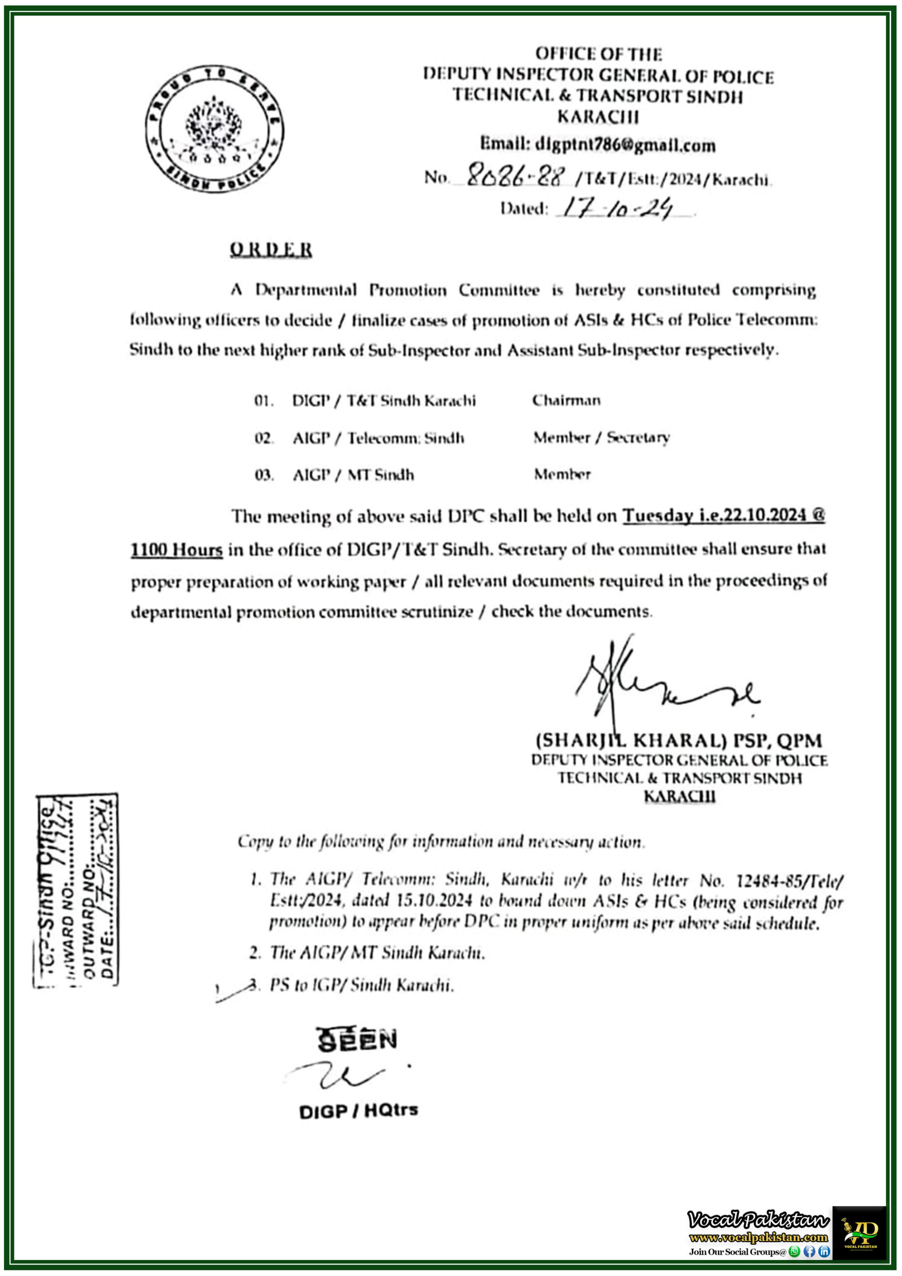 Sindh 2 Departmental Promotion Committee Formed for ASI and HC Promotions in Sindh Police Telecommunication-Notification