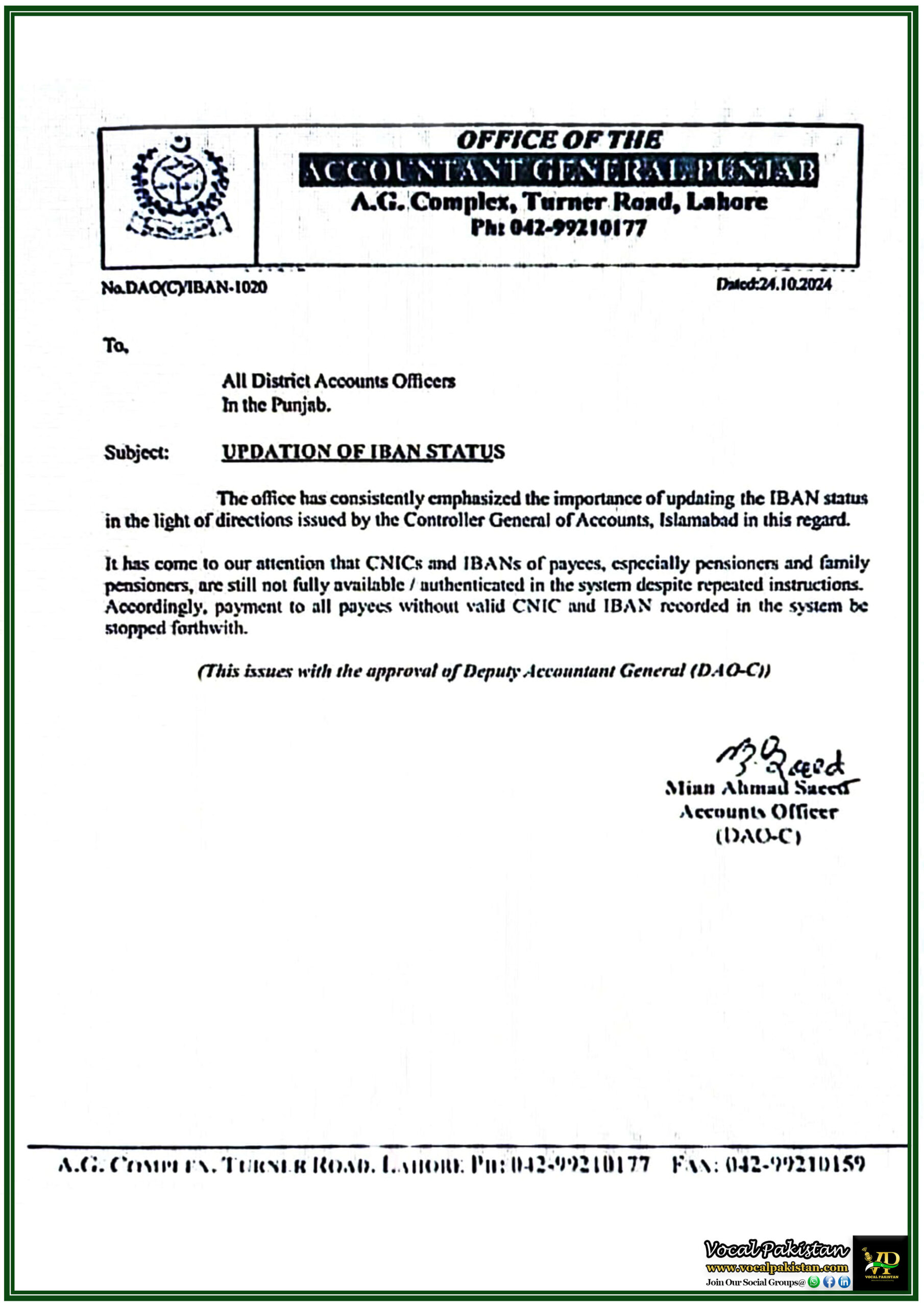 Punjab 6 Directive on Mandatory IBAN Status Update for Pension Payments - Notification