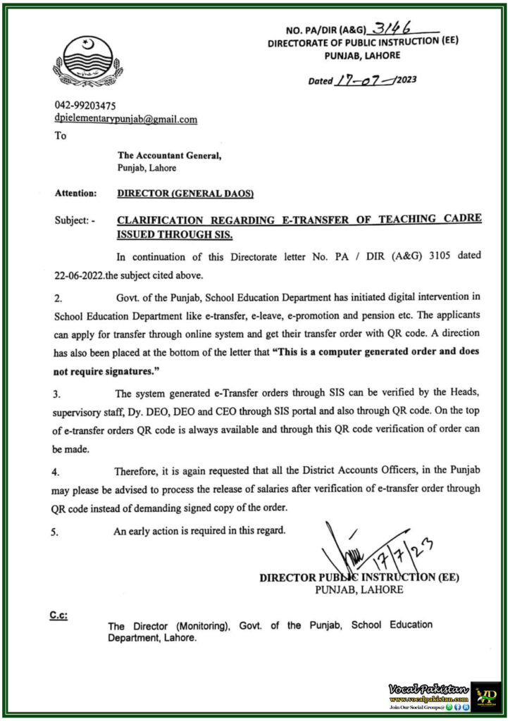 District Accounts Officers Advised to Process Salaries Based on QR-Verified E-Transfer Orders-Punjab Education Department Notification