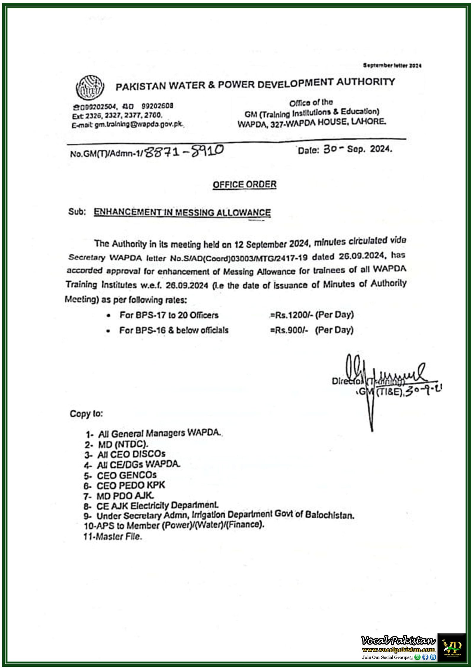 Enhancement in Messing Allowance for WAPDA Trainees – Notification