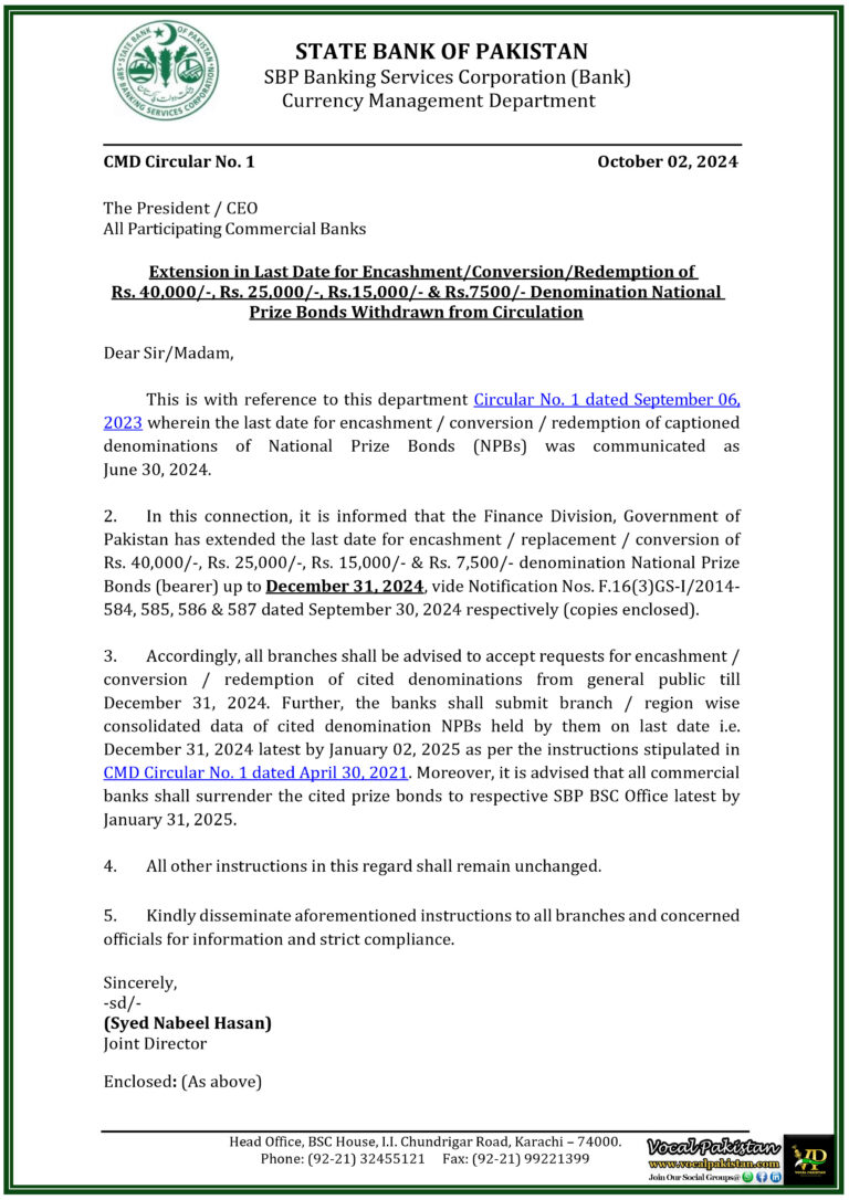 Extended Deadline EncashmentConversion of National Prize Bonds Now Available Until December 31, 2024-State Bank of Pakistan Notification