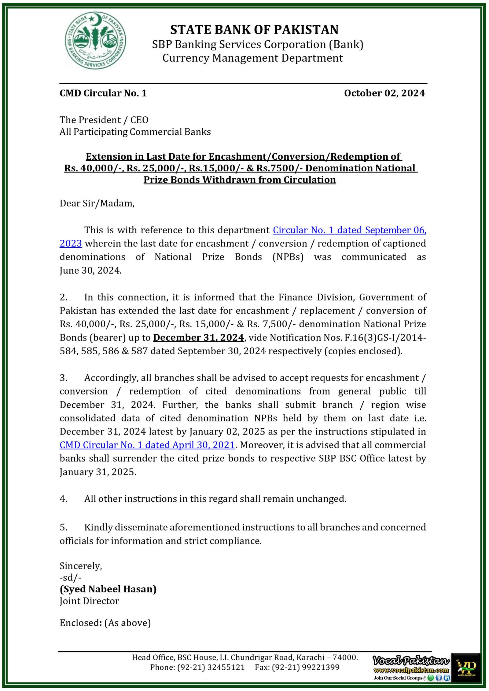 Extended Deadline: Encashment/Conversion of National Prize Bonds Now Available Until December 31, 2024-State Bank of Pakistan Notification