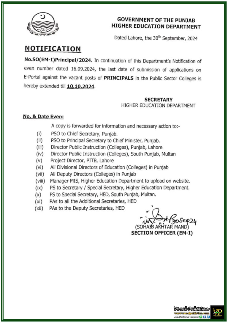 Extension of Application Deadline for Principal Positions in Public Colleges Until 10th October-Higher Education Department Notification