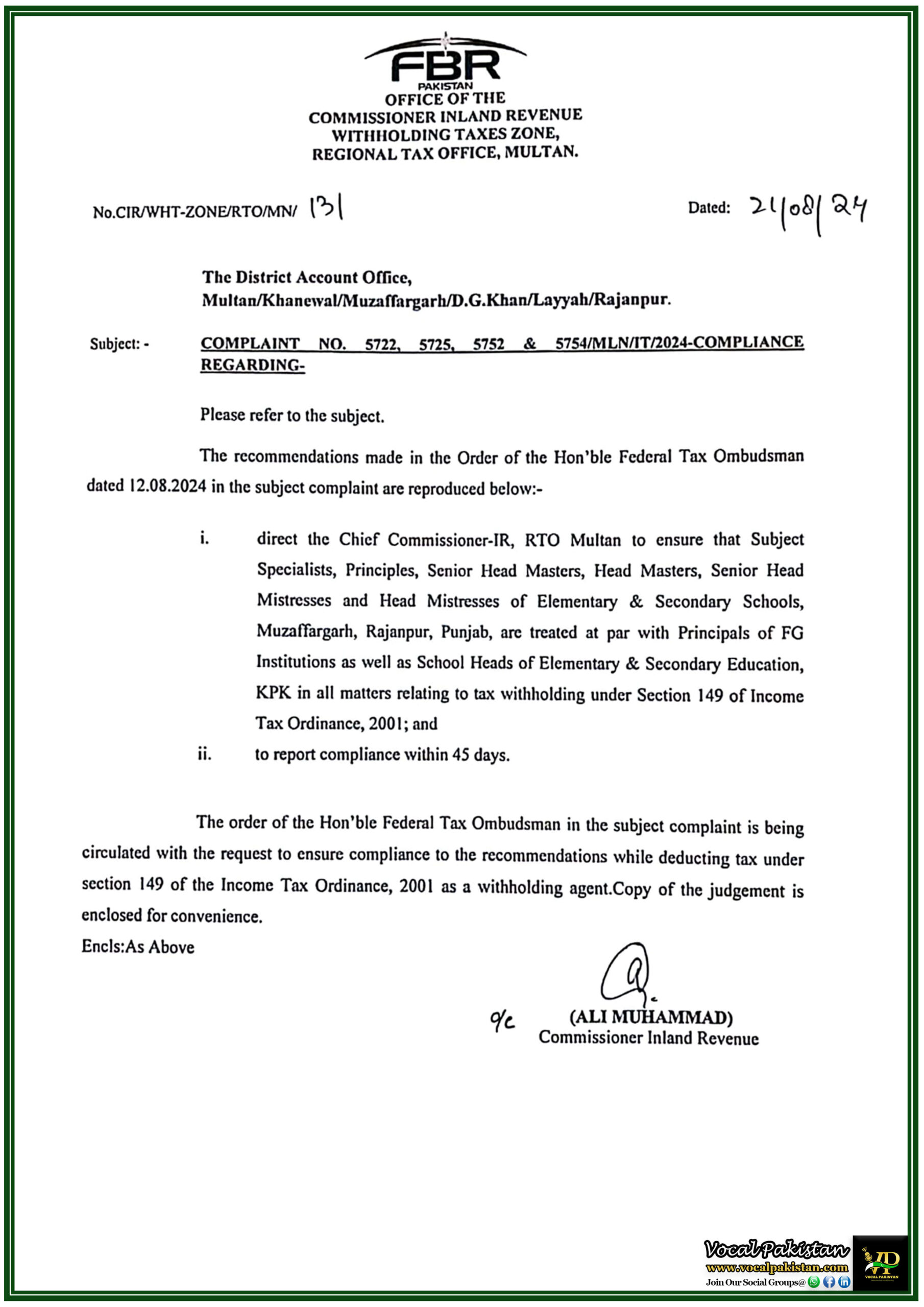 FBR Mandates Uniform Withholding Tax Policy for School Heads Across Punjab and KPK Following Ombudsman's Directive-Notification