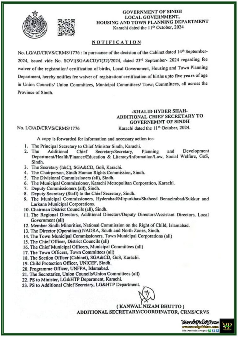 Fee Waiver Notification Birth Registration Certification for Children Up to 5 Years in Sindh