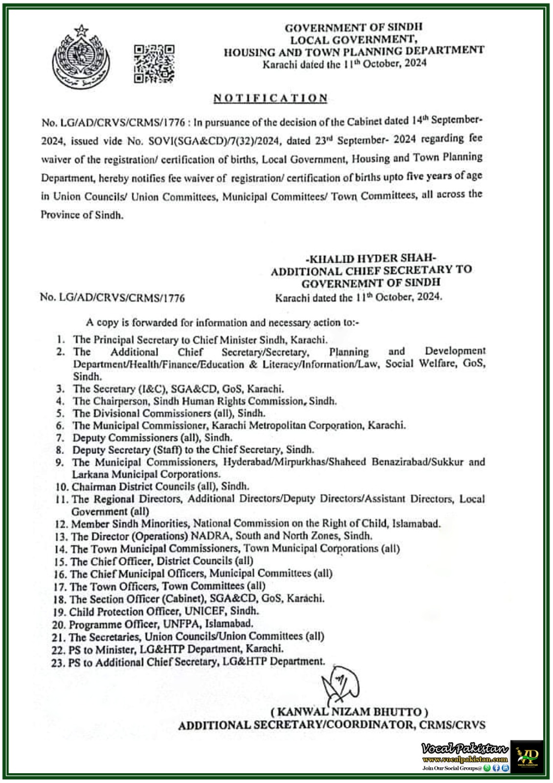 Sindh 3 Fee Waiver Notification Birth Registration Certification for Children Up to 5 Years in Sindh