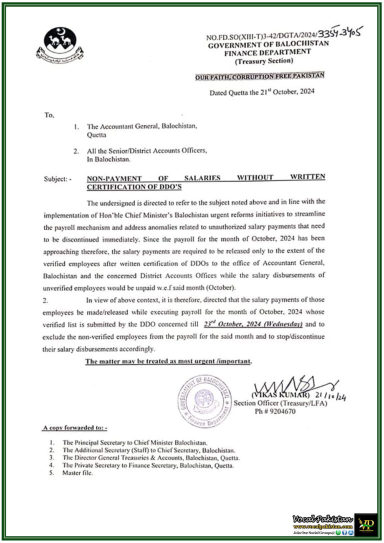 Finance Department Balochistan Implements Payroll Reforms Non-Verified Employees’ Salaries to be Stopped from October 2024-Notification