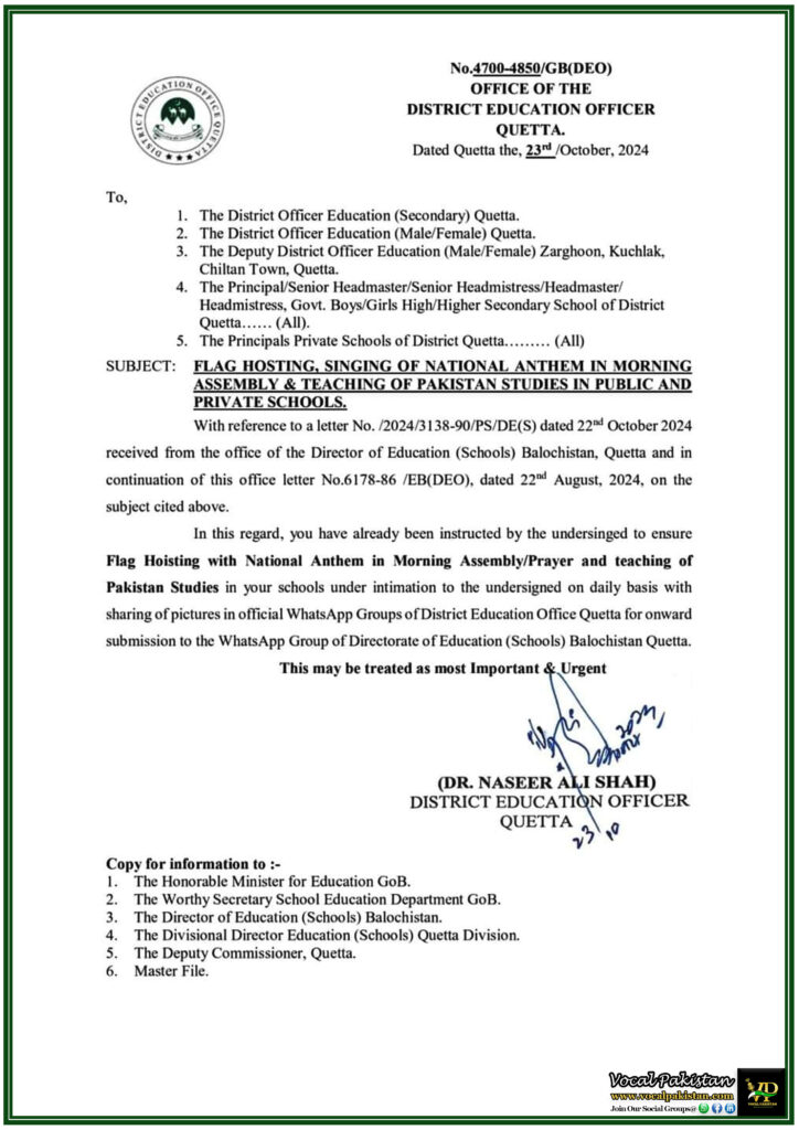 Flag Hoisting, National Anthem, and Pakistan Studies Implementation in Schools - Notification