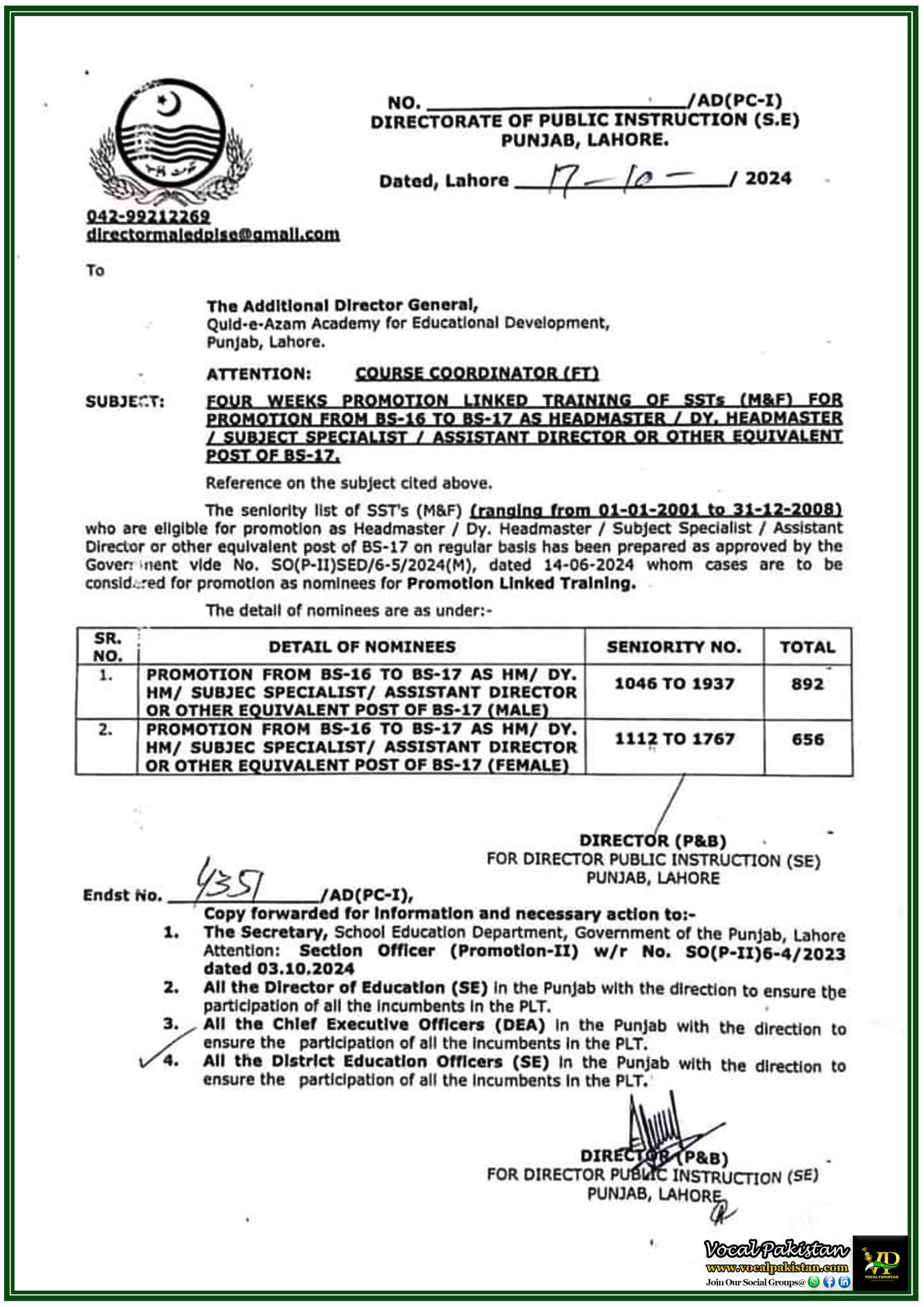 Four Weeks Promotion Linked Training for SSTs (M&F) – Notification