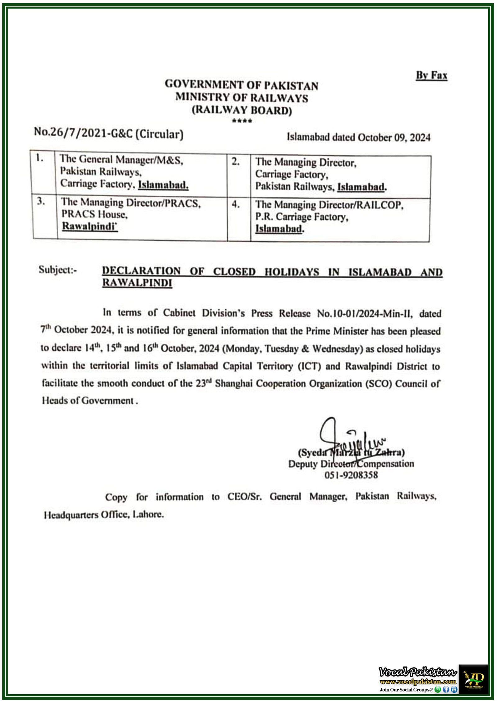 Government Declares Holidays in ICT and Rawalpindi for SCO Summit: October 14-16, 2024 – Railway Notification