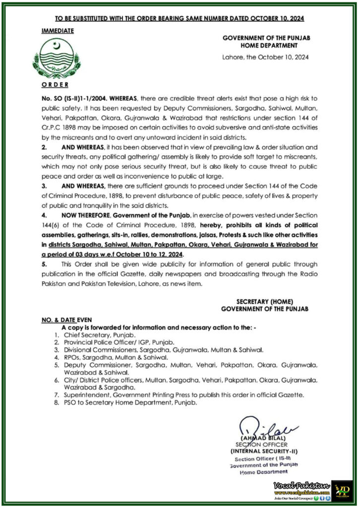 Prohibition of Political Assemblies and Rallies in Punjab Districts Under Section 144 - Notification