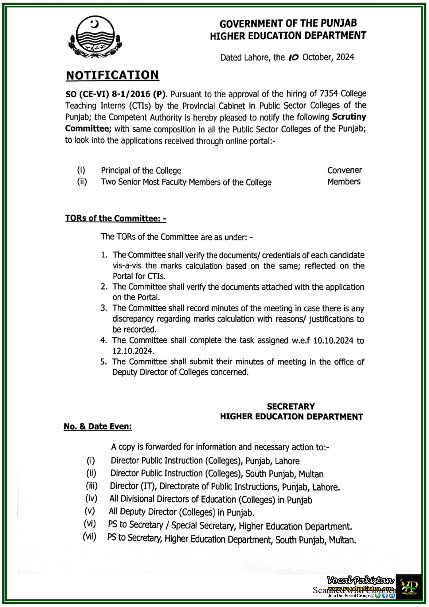 Punjab 8 Hiring of 7354 CTIs Scrutiny Committees Formed in Punjab's Public Colleges Notification