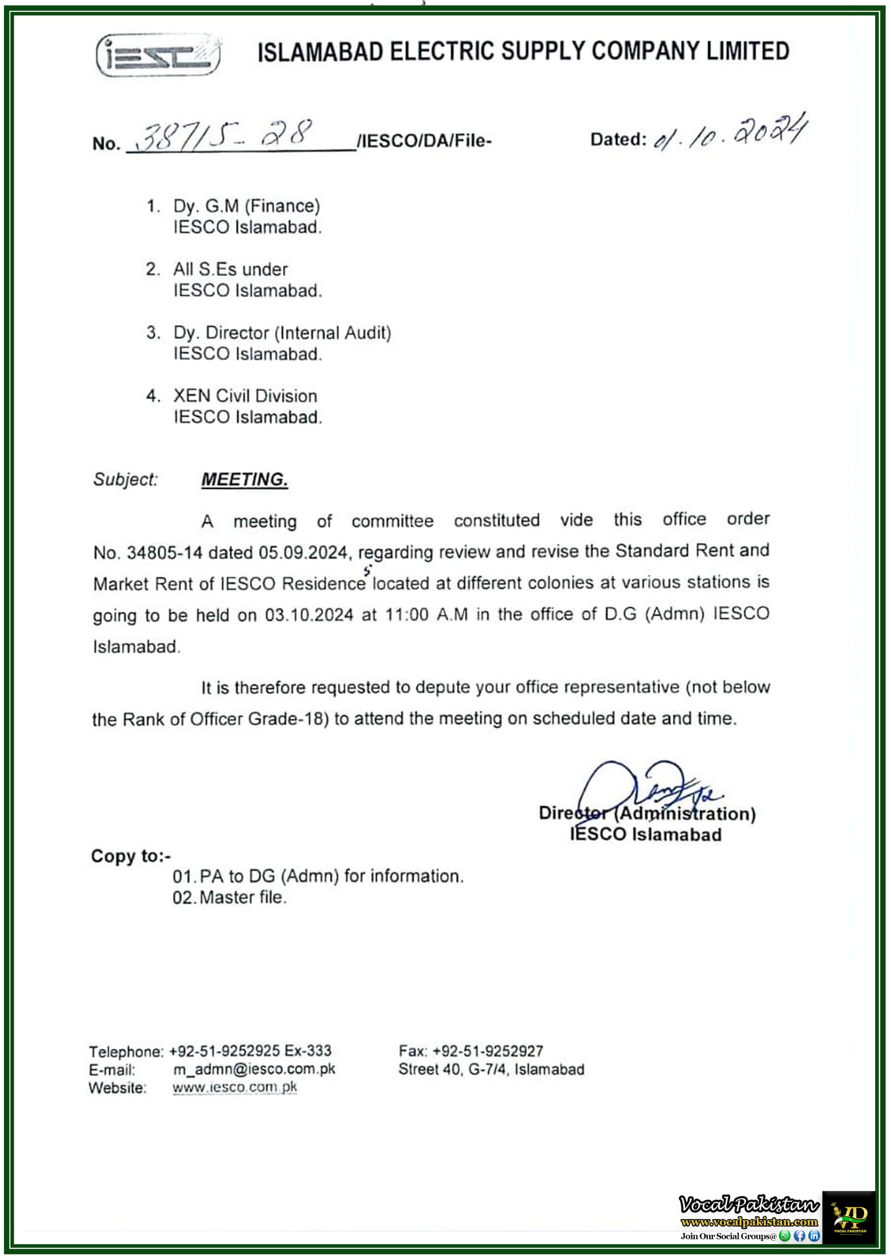 IESCO Announces Committee Meeting on Rent Revision for Residential Colonies-Notification