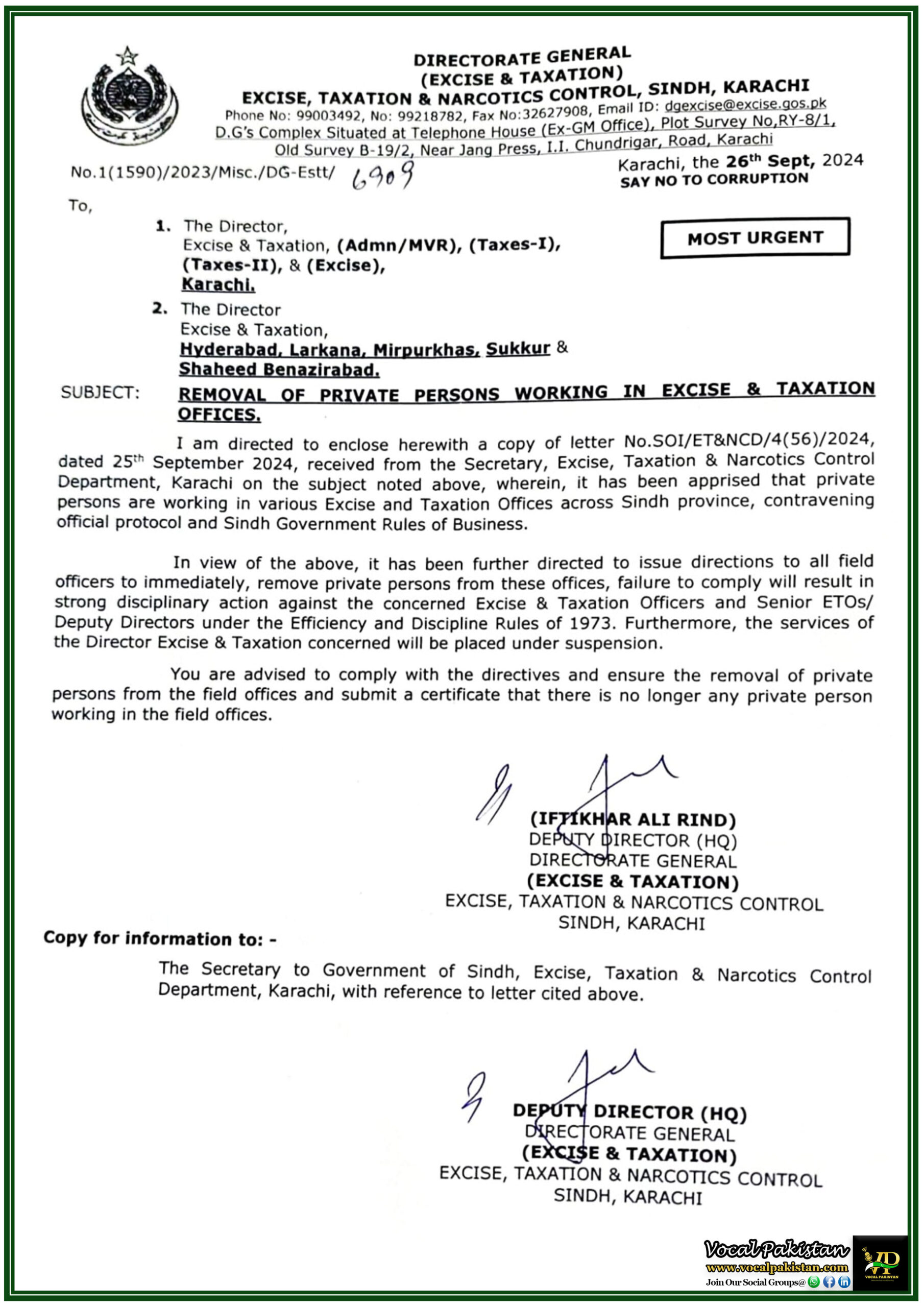 Sindh 10 Immediate Removal of Private Persons from Excise & Taxation Offices Across Sindh - Notification