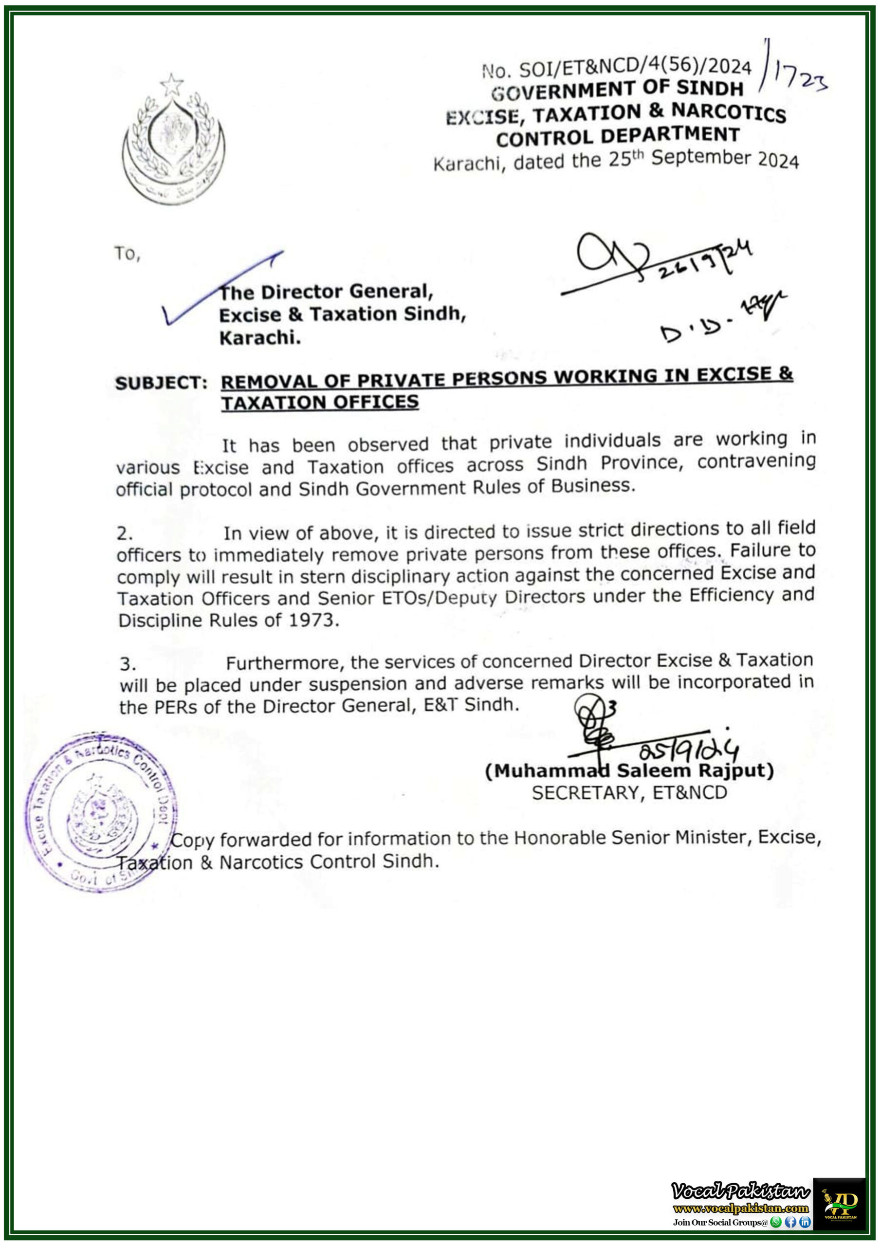 Sindh 1 Immediate Removal of Private Persons from Excise & Taxation Offices – Government of Sindh Notification