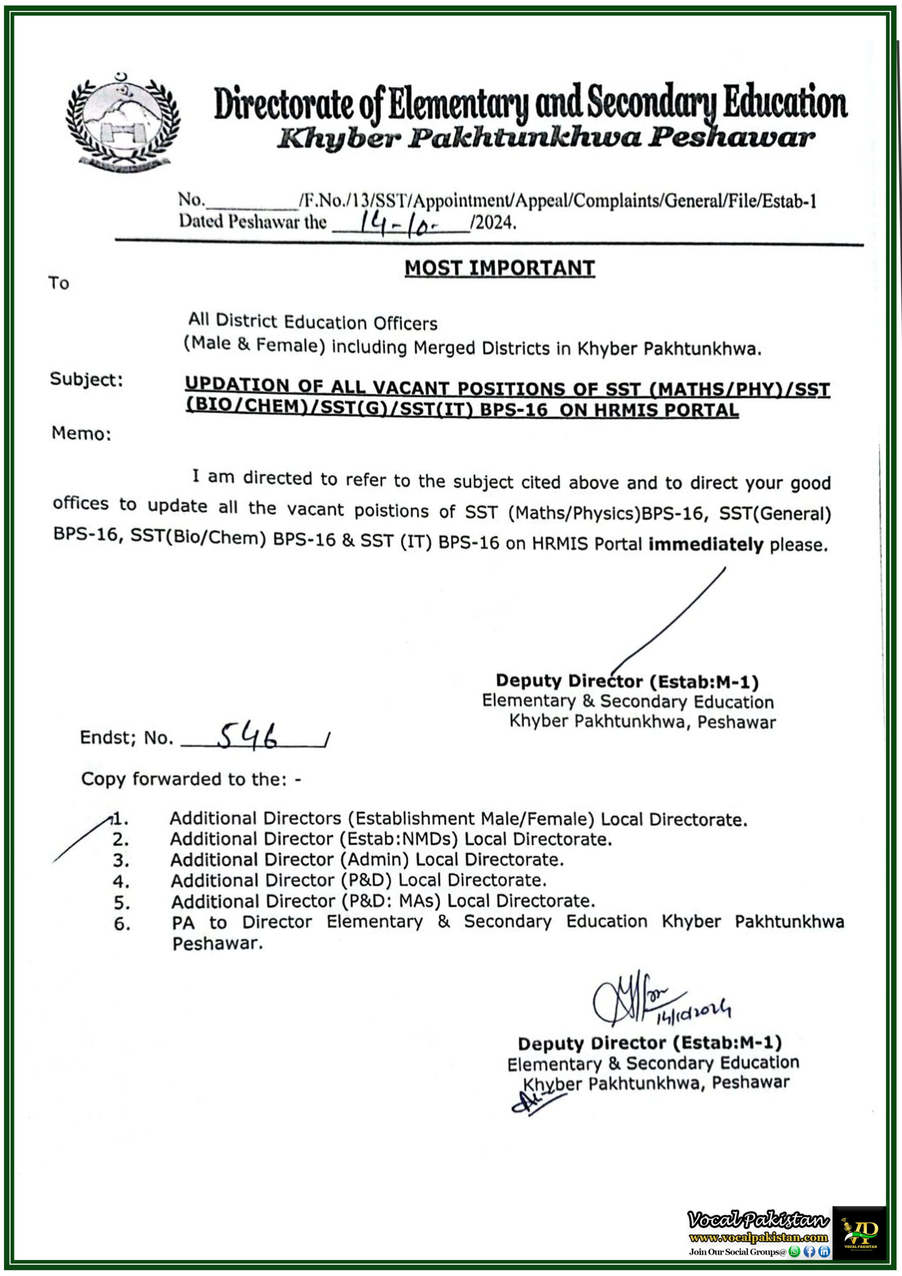 KPK 4 Immediate Update of SST Vacant Positions on HRMIS Portal - Notification