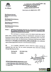 Important Meeting Scheduled Shifting of Administrative Command of Levies Personnel to Balochistan Police-Government of Balochistan Notification