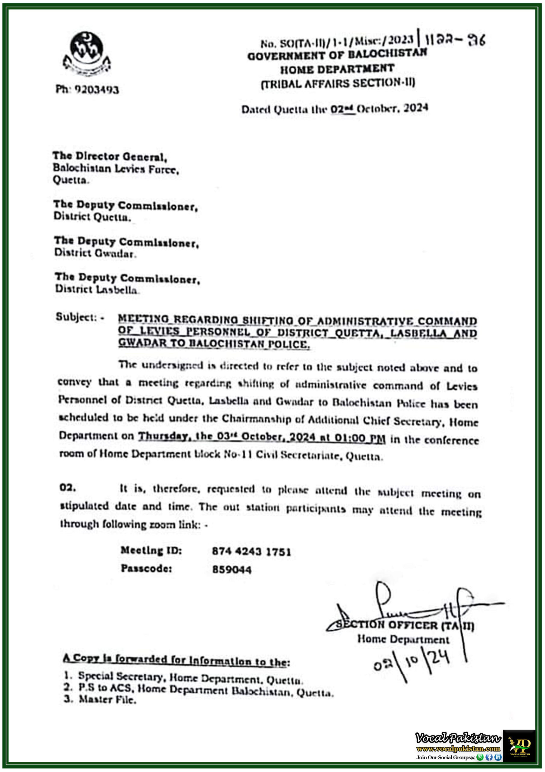 Balochistan 10 Important Meeting Scheduled Shifting of Administrative Command of Levies Personnel to Balochistan Police-Government of Balochistan Notification