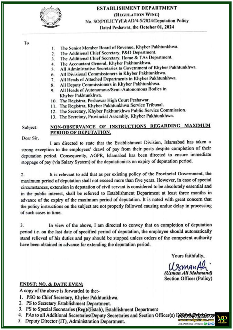 Khyber Pakhtunkhwa Government's Policy on Deputation Period Immediate Action Required-Notification