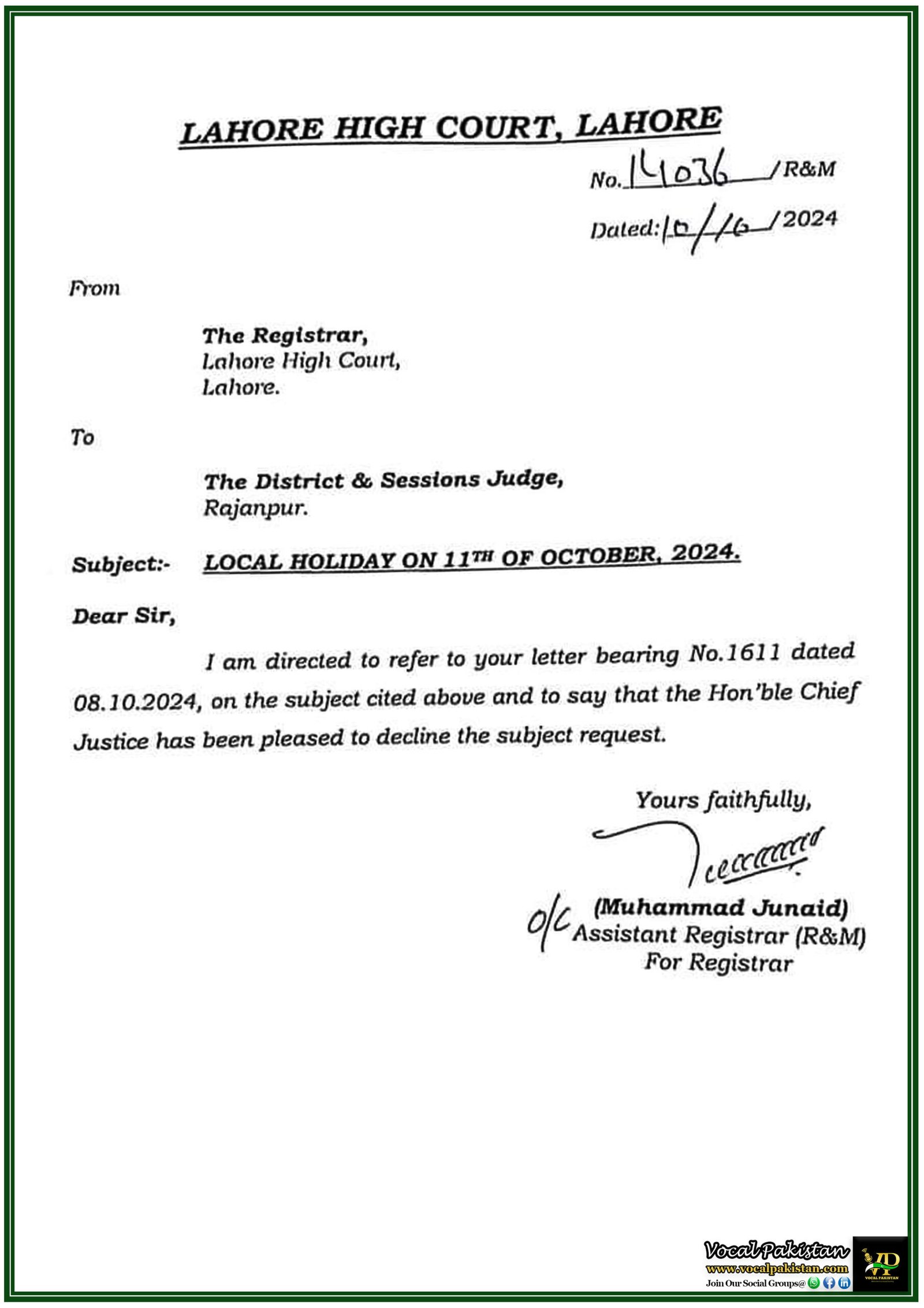 Local Holiday Request for October 11, 2024, Declined by Lahore High Court – Notification