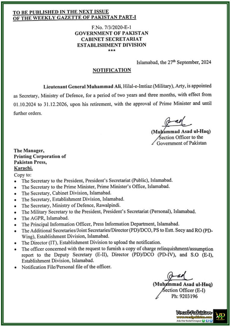 Lieutenant General Muhammad Ali Appointed as Secretary, Ministry of Defence-Notification