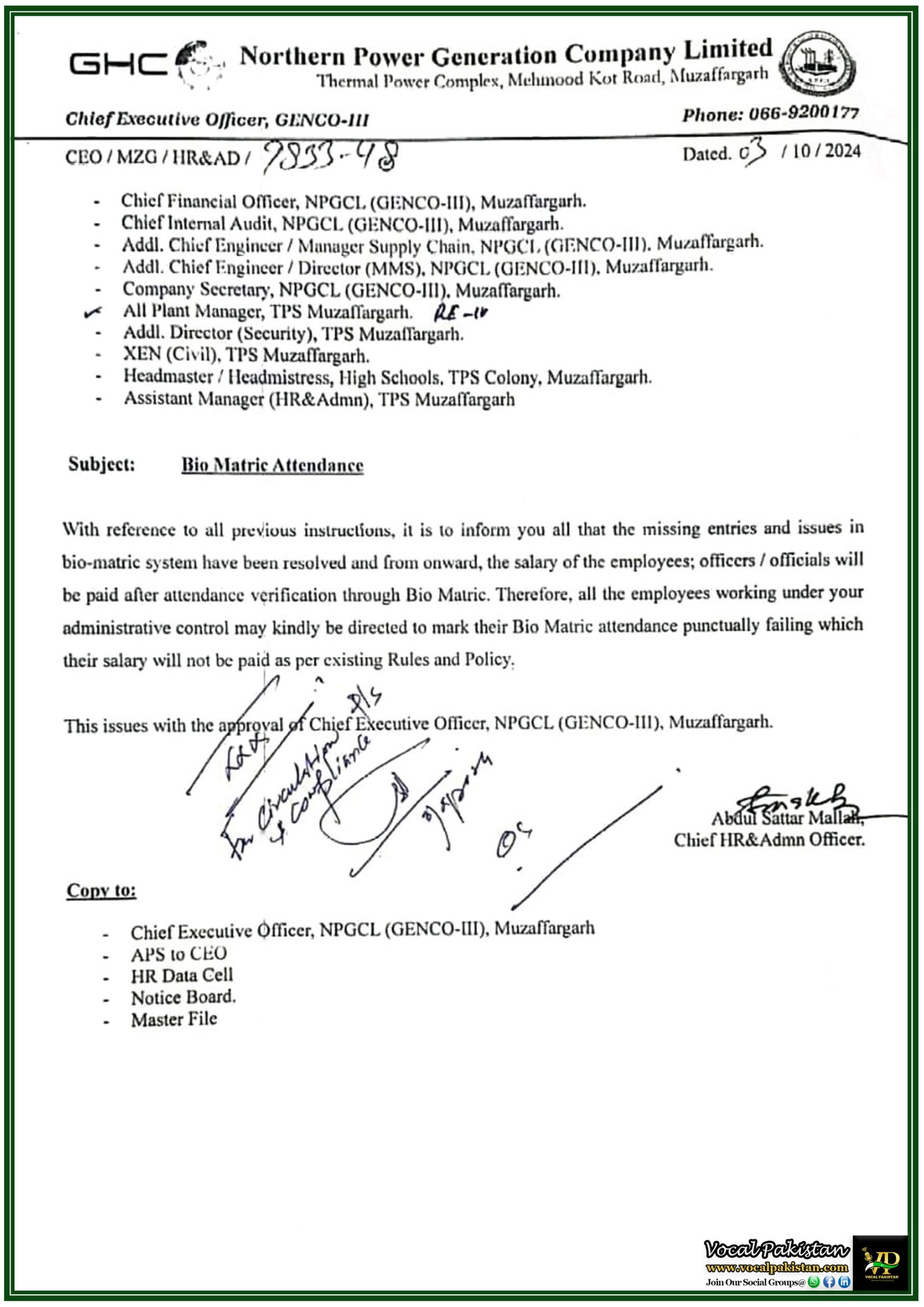 Mandatory Biometric Attendance for Salary Payment-Northern Power Generation Company Limited Notification