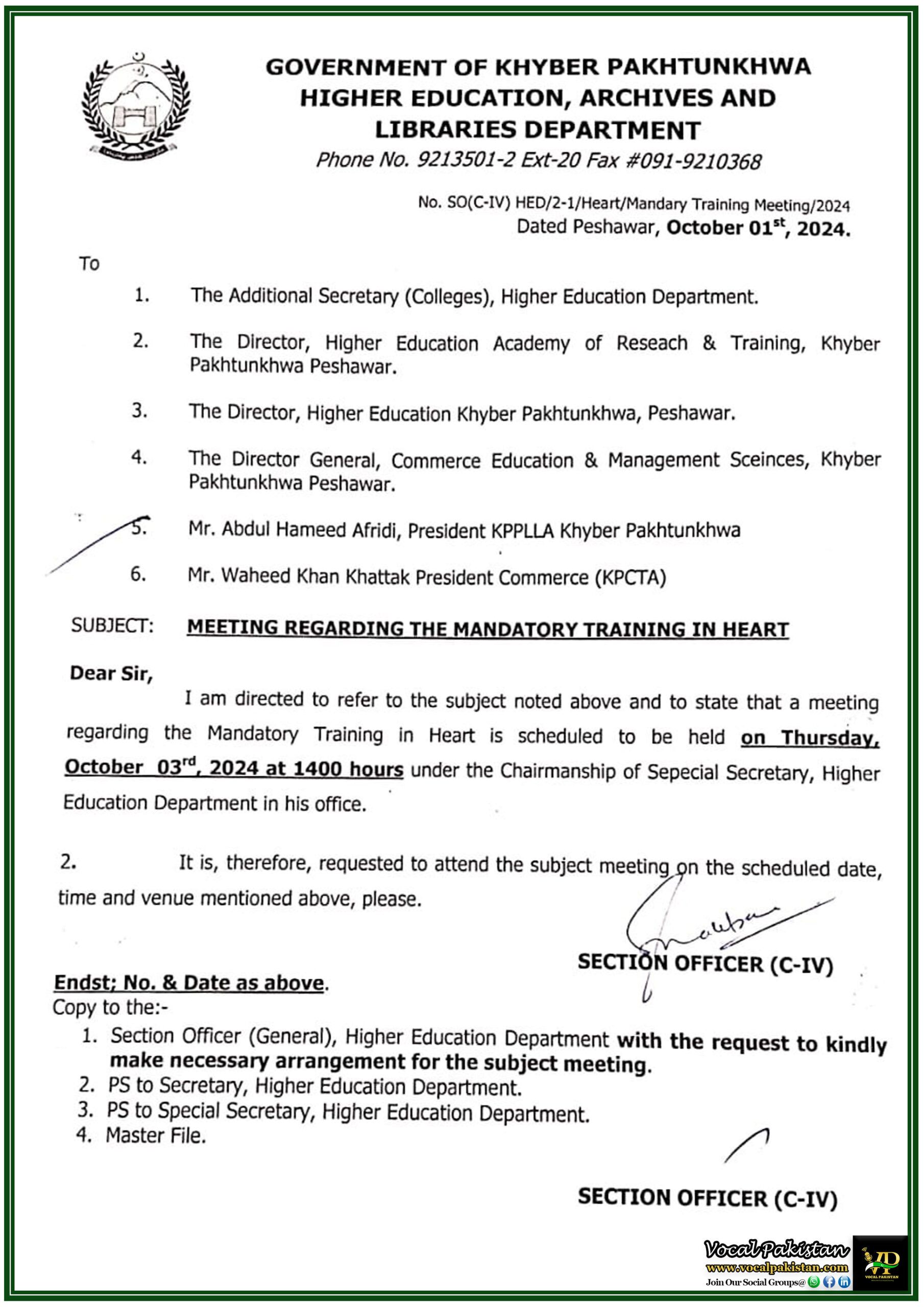 KPK 2 Mandatory HEART Training Meeting Scheduled for Higher Education KPK Officials-Notification